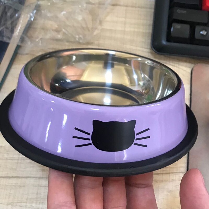 Stainless Steel Dog Bowl Cute Orange Cartoon Print Cats Bowls Food Drink Water Feeder Pets Dog Dish Feeder Tableware: purple