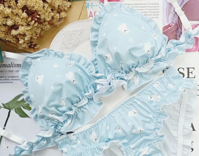 Polar Bear Cute Japanese Bra & Panties Set Wirefree Soft Underwear Sleep Intimates Set Kawaii Lolita Color Sky Blue Bra Set