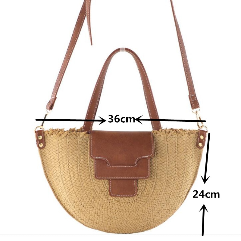 sac tissé en paille de papier semi-circulaire, couverture en cuir rétro, sac de messager tissé, sac à bandoulière, sac de voyage de plage d'été pour femmes