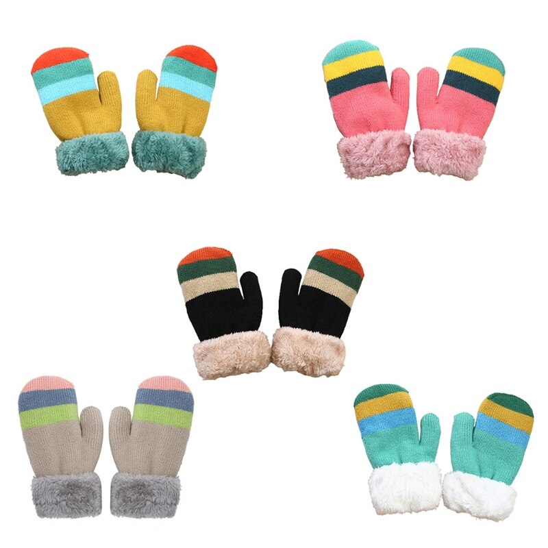 Enfant en bas âge enfants hiver peluche doublé doigt complet mitaines arc-en-ciel rayé tricoté thermique temps froid mitaines chauffe-mains