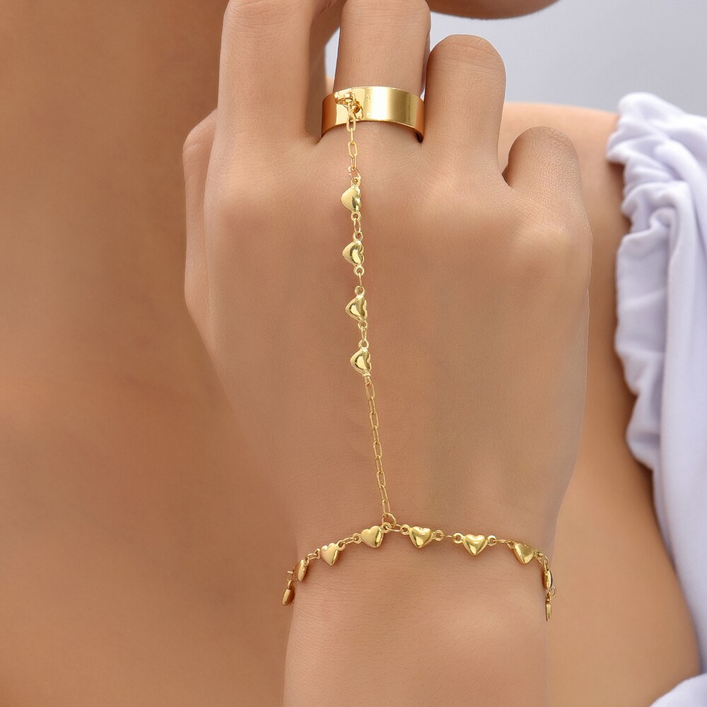 Gold Farbe Herz Charme Hand Harness Armbänder für Frauen Minimalistischen Kette Anschluss Finger Ring Armband &amp; Armreif Kreative Schmuck