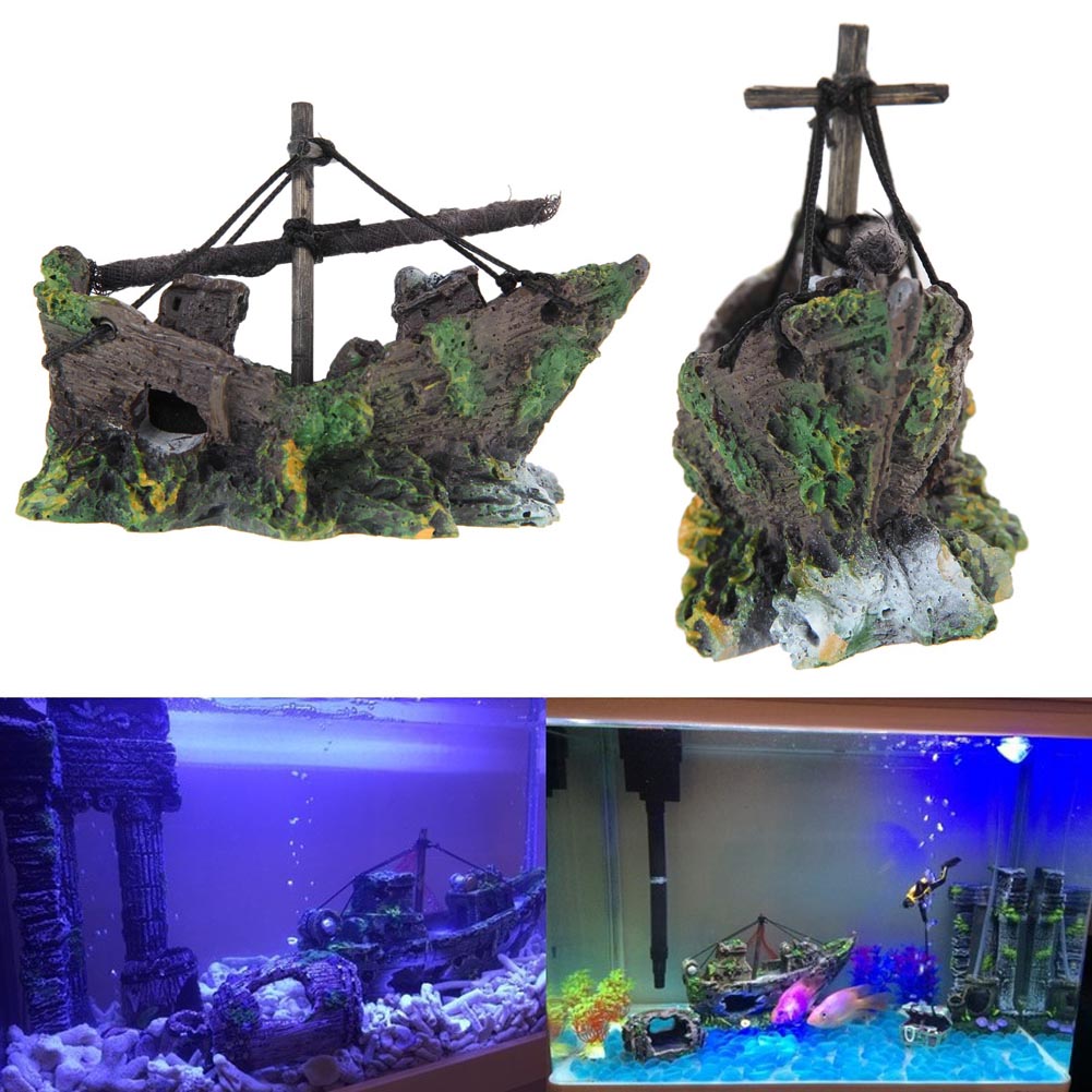 Adornos para Halloween, decoración de pecera, decoración de cueva, bote de vela, Acuario de naufragio, decoraciones de barco hundido para el hogar