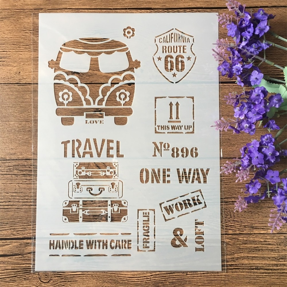 2Pcs/Lot A4 Bus Route 66 Label DIY Craft Layering Stencils Painting Scrapbooking Stamping Embossing Album Paper Template