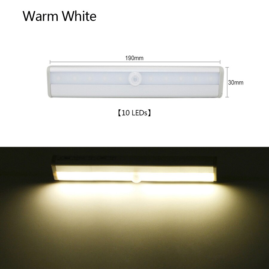 Led Kast Licht Draadloze Onder Kast Verlichting PIR Motion Sensor DC3V-6V Batterij Operated Universele Garderobe Licht Keuken Lamp: 10 LEDs Warm White