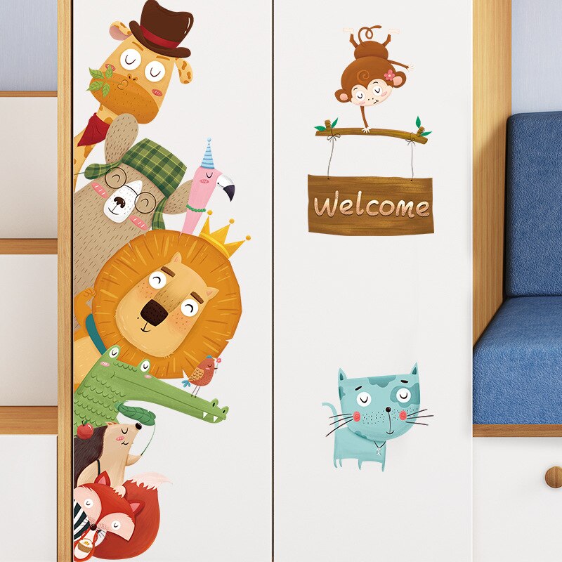 Tofok Cartoon Giraffe Lion Door Sticker Cartoon Zoo Children Room DIY Nursery Wall Decorative Sticker Home Window Fridge Decals