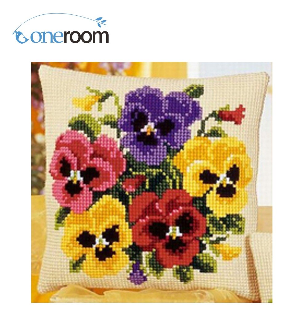Vijf kleur bloemen Handwerken Kit Unfinished Acryl Garen Borduren Kussen Tapestry Canvas Kussen Front Kruissteek