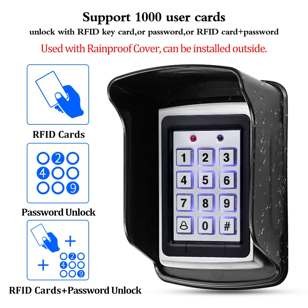 Contactless Rfid Teclado de Control de Acceso de Metal Con Cubierta A Prueba de agua Controlador de La Puerta Eléctrica de Bloqueo de Seguridad + 20 unids 125 KHz Llaveros
