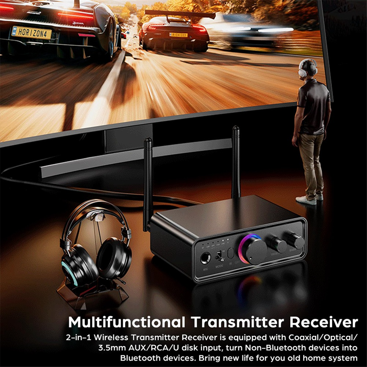 ABAC-Bluetooth 5.3 Transmissor Receptor 2 em 1 Adaptador de áudio sem fio para TV/PC/fone de ouvido/KTV/estéreo doméstico