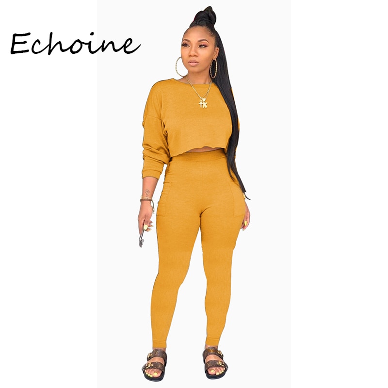 Echoine Autumn O-neck Two Pieces Set Long Sleeve Sweatshirt + Pant Suit With Pocket Tracksuit Women Solid 5 Color Plus Size 2XL