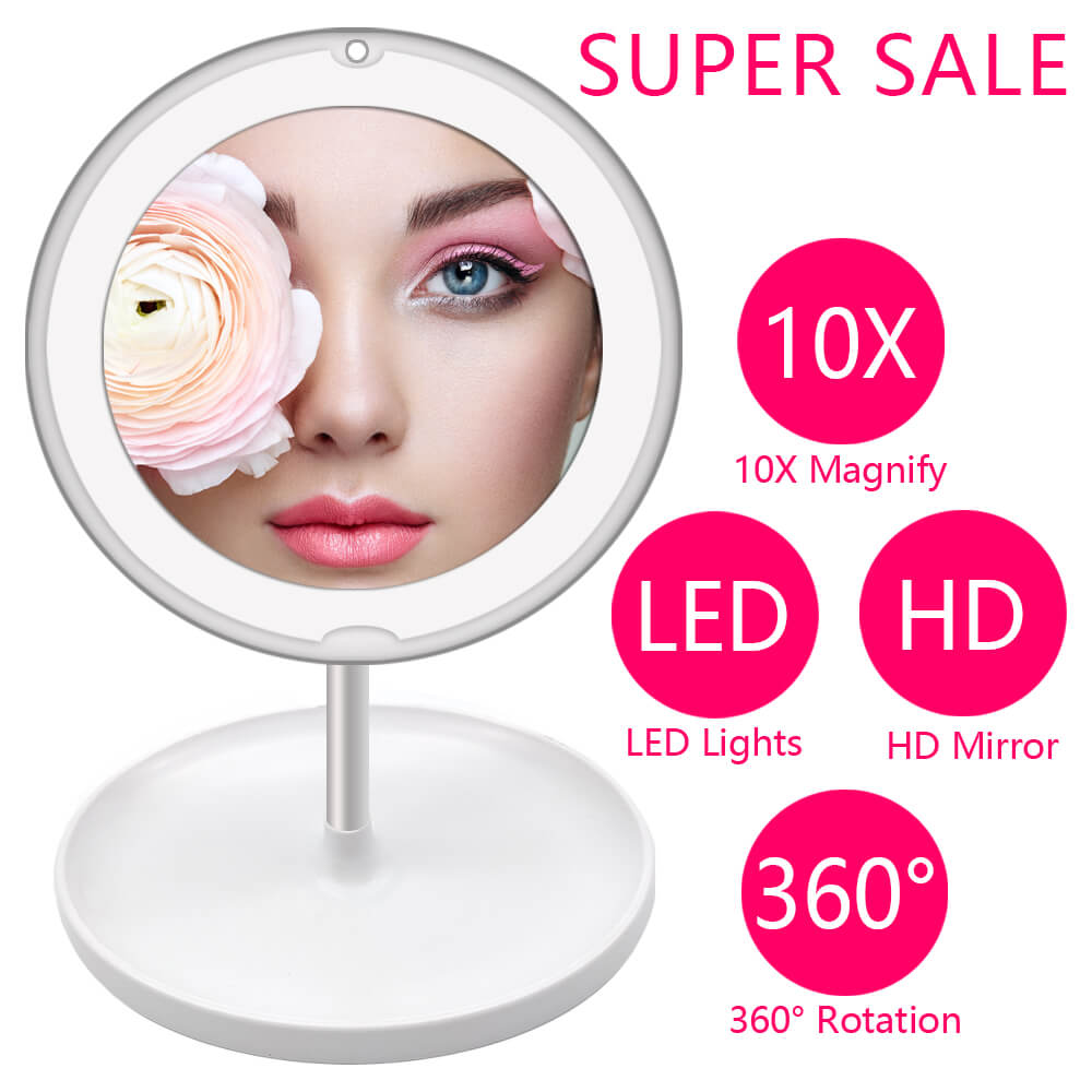 LED Light Makeup Mirror Lamp 10X Magnifier Battery Portable Hand Vanity Glass Mini Miroir Bathroom Cosmetic Bath Suction Cups: 10X Led Mirror Desk