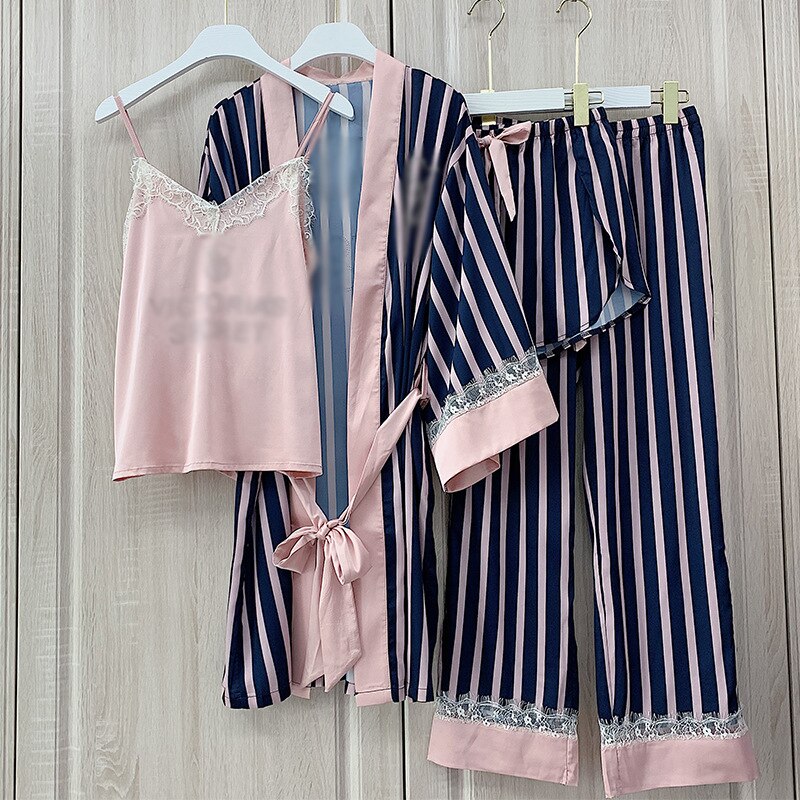 Ladies vs stripe pajamas four-piece diamond logo Wide stripes color matching Home service suit Sexy comfortable: Blue