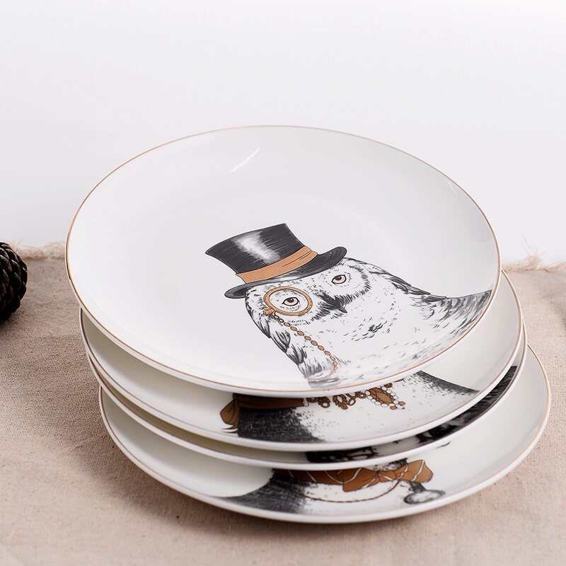 Assiettes à dîner en céramique De | Série animaux Royal Noble De 8 pouces, assiettes De table en porcelaine blanche en os De
