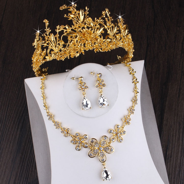 Barokke Vintage Gold Crystal Leaf Bridal Sieraden Set Strass Tiara Crown Ketting Earring Wedding Afrikaanse Kralen Sieraden Sets