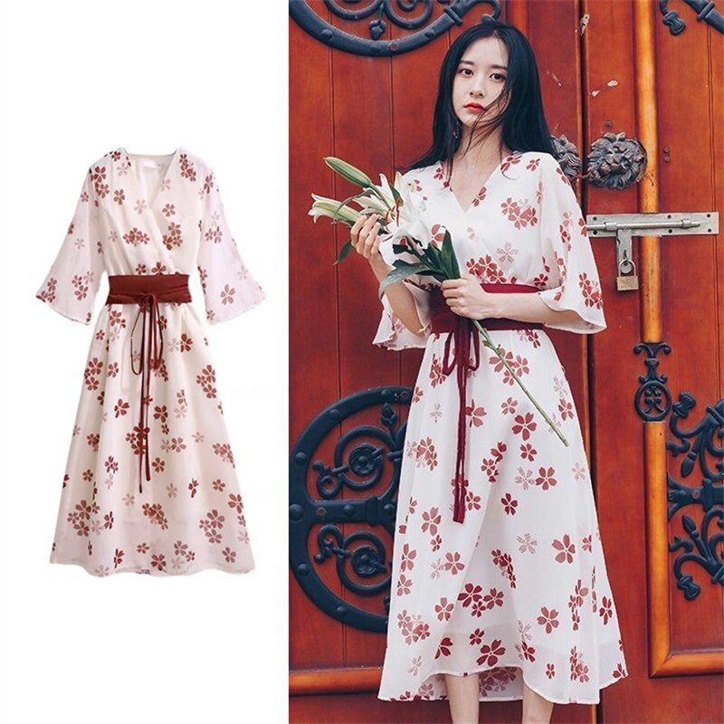 Vestido japonés de estilo Kimono para mujer, ropa tradicional Kawaii, con estampado de Sakura y Geisha Vintage, hasta la pantorrilla