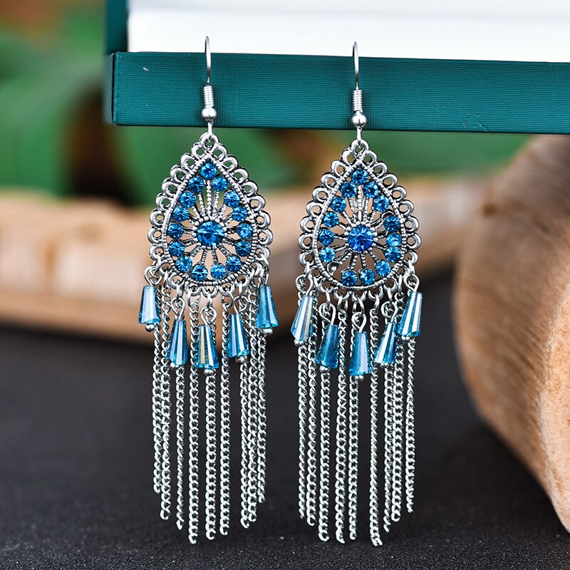 Bohemian Long Tassel Earrings 2022 Trend Water Alloy Crystal Beads Women Vintage Rhinestone Chain Earrings: E1948Aquamarine