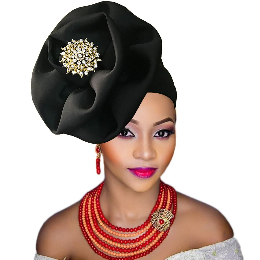 Turbante africano de para mujer negra, turbante nigeriano, cinta para la cabeza atada, gorro: black