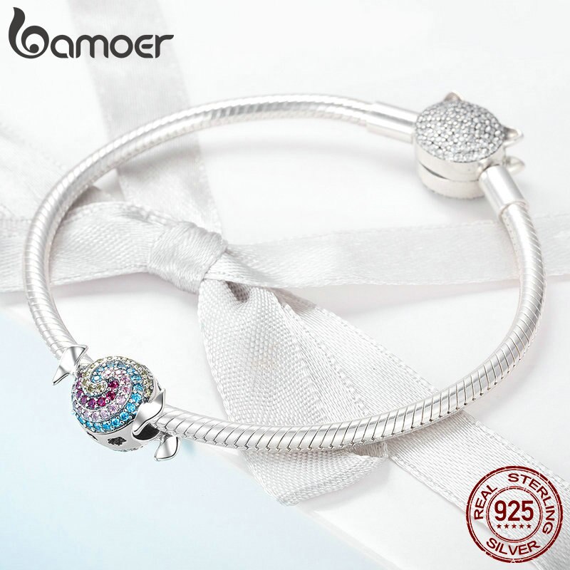 Amuletos de arcoíris de caramelo de Plata de Ley 925 de BAMOER, abalorios coloridos de Circonia cúbica, pulseras, collares, accesorios de joyería DIY SCC898