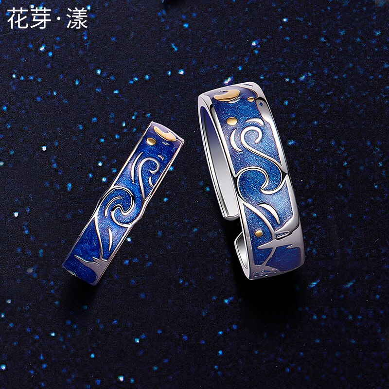 Thaya 925 Silber Himmel sternenklar Paar Ring Für Liebhaber Einstellbare Öffnen Emaille Valentinstag Für Frauen männer Edlen Schmuck: Lieferwagen gogh Paar Ring