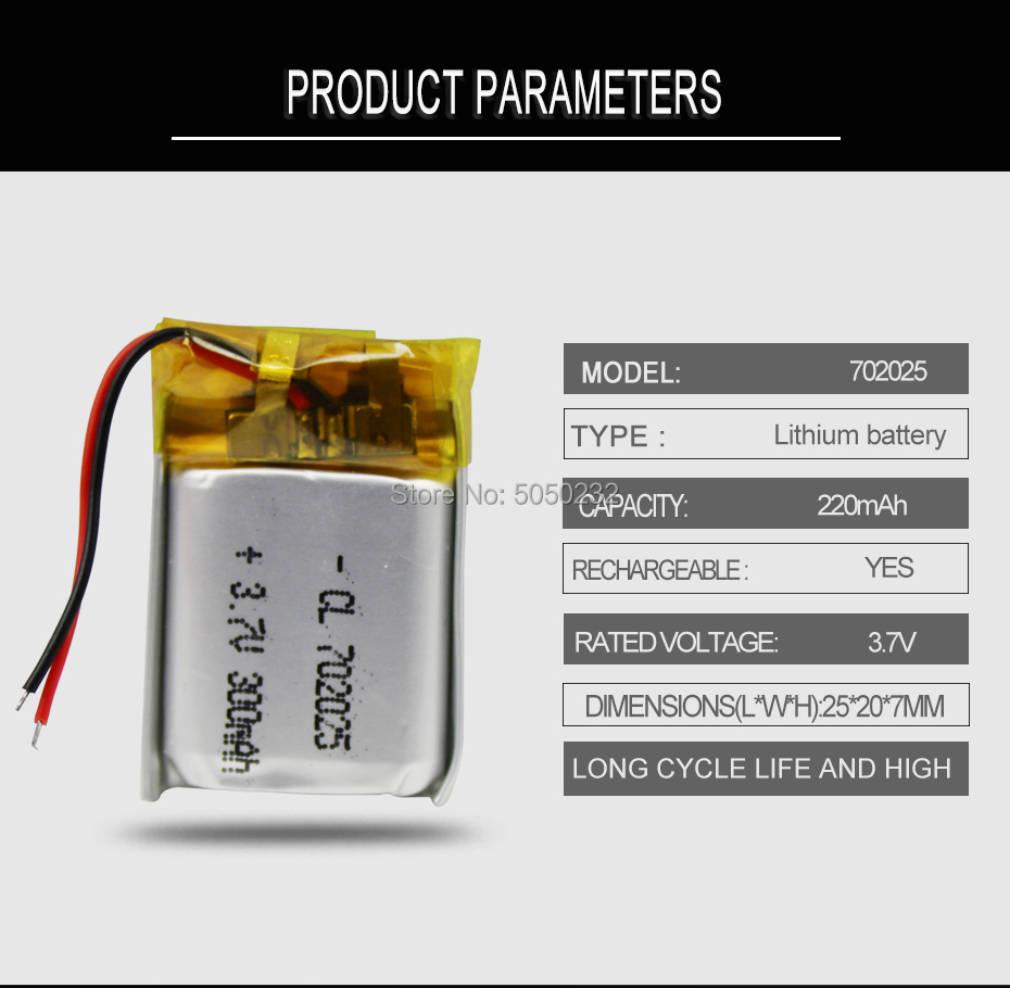 1pc 3.7V 220mAh 702025 Li-polymer Rechargeable Battery for Mp3 Bluetooth headset speaker video recorder wireless mouse