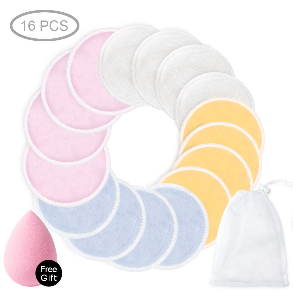 Mikrofiber sminke fjerner pads vaskbare gjenbrukbare rensende bomull ansiktsservietter naturlig bambus tre etterslep med mesh vaskepose: 16pc 4 farger med ba