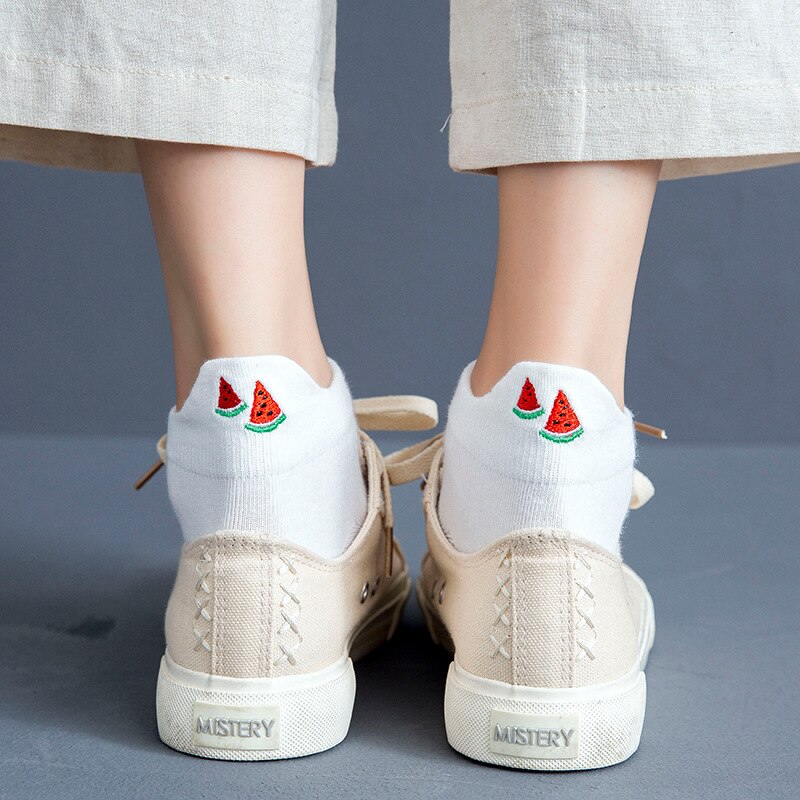 Cartoon Embroidery Fruit Ankle Socks Women Cotton white Short Socks Female Casual Summer Thin Boat Socks Hipster