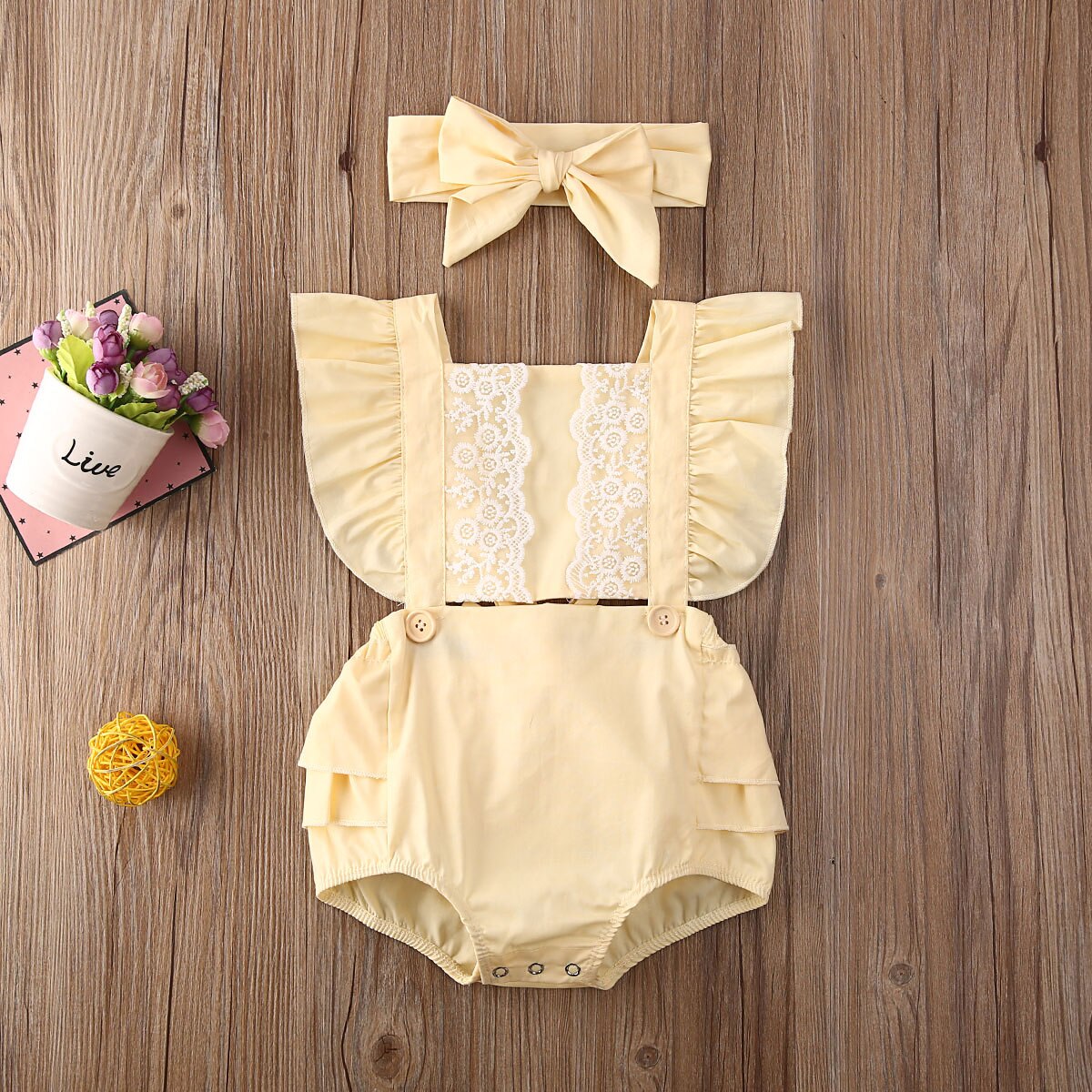 0-24M Säuglings freundlicher Baby Mädchen Jungen Bodys Stirnband Blumen- Spitze Rüschen Kurzarm Overall Stirnband 3 Farben