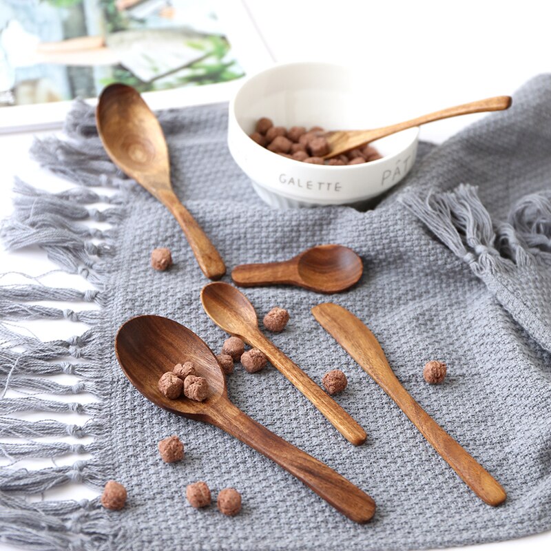 Korean Style Natural Wood Long Handle Soup Spoons For Cooking Mixing Stirr Kitchen Mini Seasoning Measuring Tools Coffee Scoop