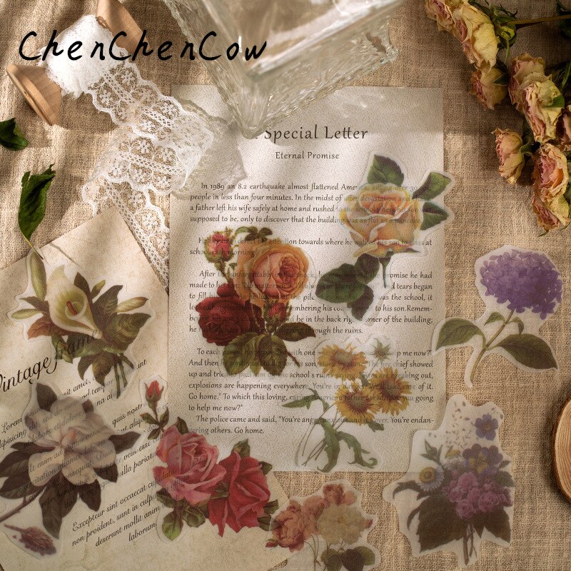 60Pcs Grote Maat Zwavelzuur Papieren Bloem Stickers Diy Scrapbook Basis Collage Mobiele Telefoon Case Dagboek Sealing Decoratie