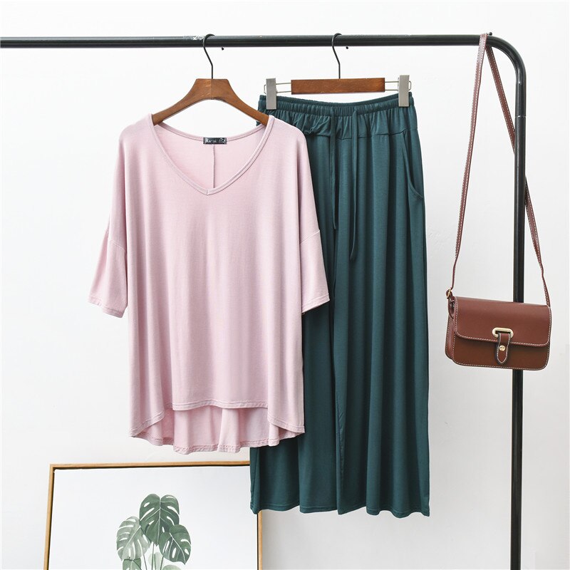 Pliktea Pyjamaset - Dames V-Hals T-shirt & Lange Broek - Effen Modal Spandex: Roze