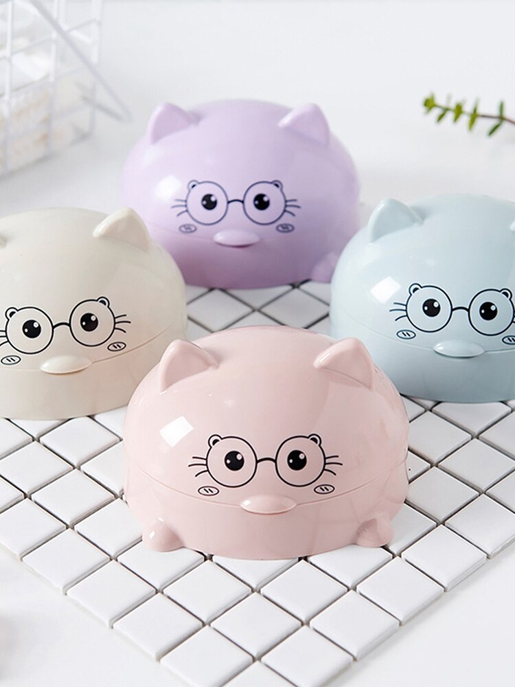 Porte-savon chat dessin animé mignon avec couvercle, boîte porte-savon, étui de rangement de salle de bains, nettoyage fournitures de salle de bains: Purple