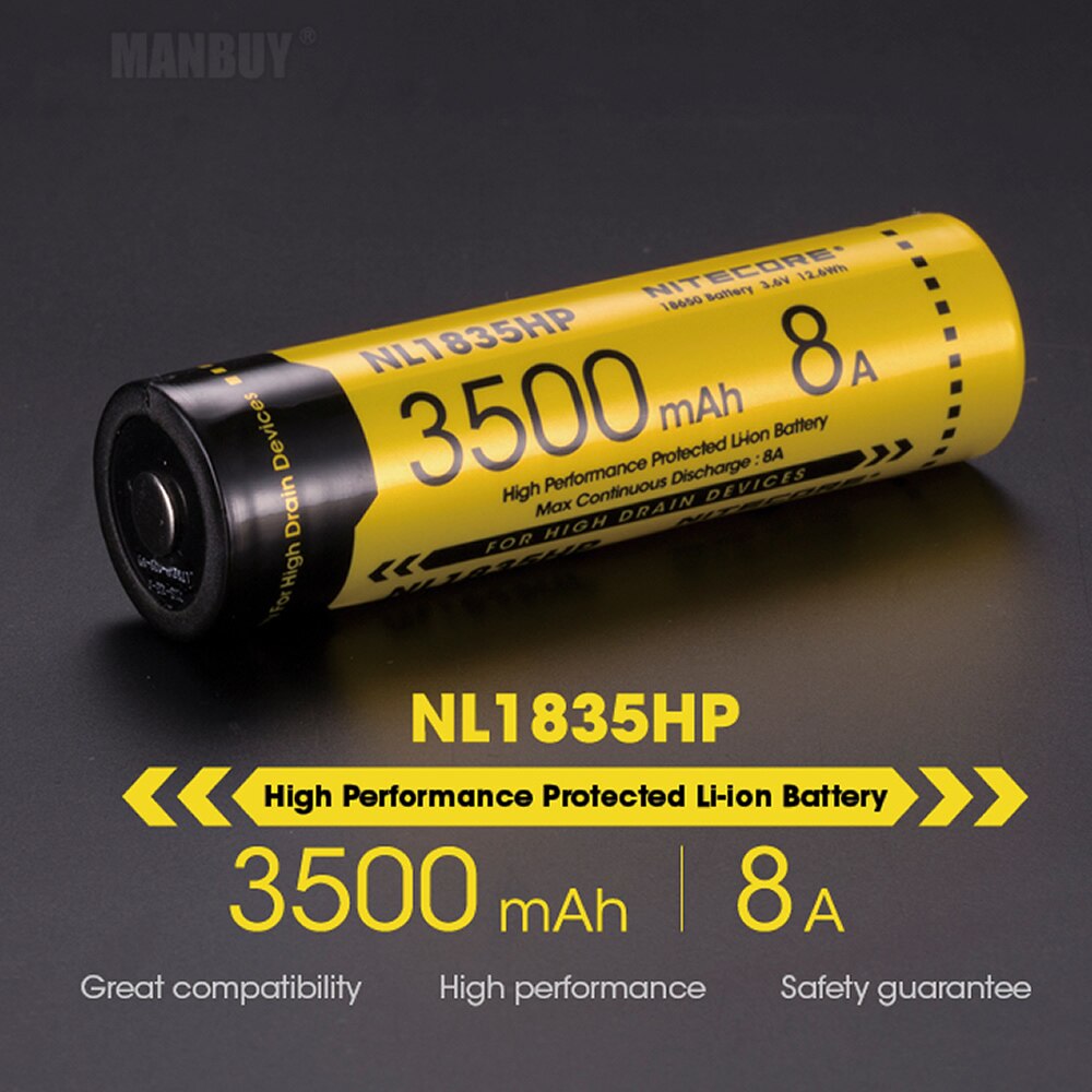 Nitecore NL1835HP 18650 3500mAh 3.6V 12.6Wh 8A High Performance Protected Li-ion Button Top Battery High Drain Devices