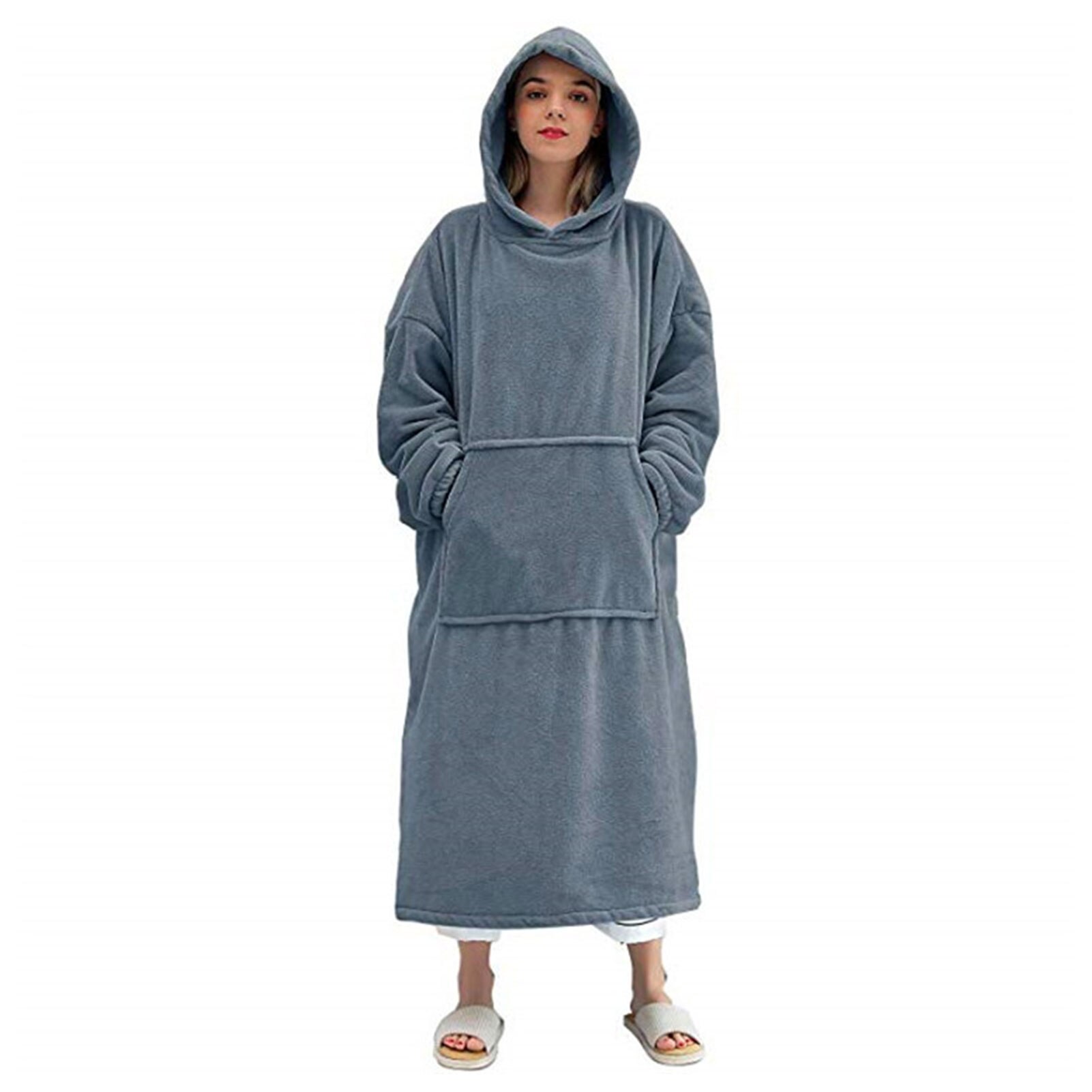 Flannel thickened warmth can wear blanket big hoodie household kangaroo pocket long sweatshirt: Dark Grey