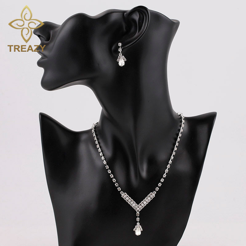 TREAZY Simple V Shape Teardrop Bridal Bridesmaid Jewelry Sets Crystal Wedding Jewelry Necklace Earrings Set for Women