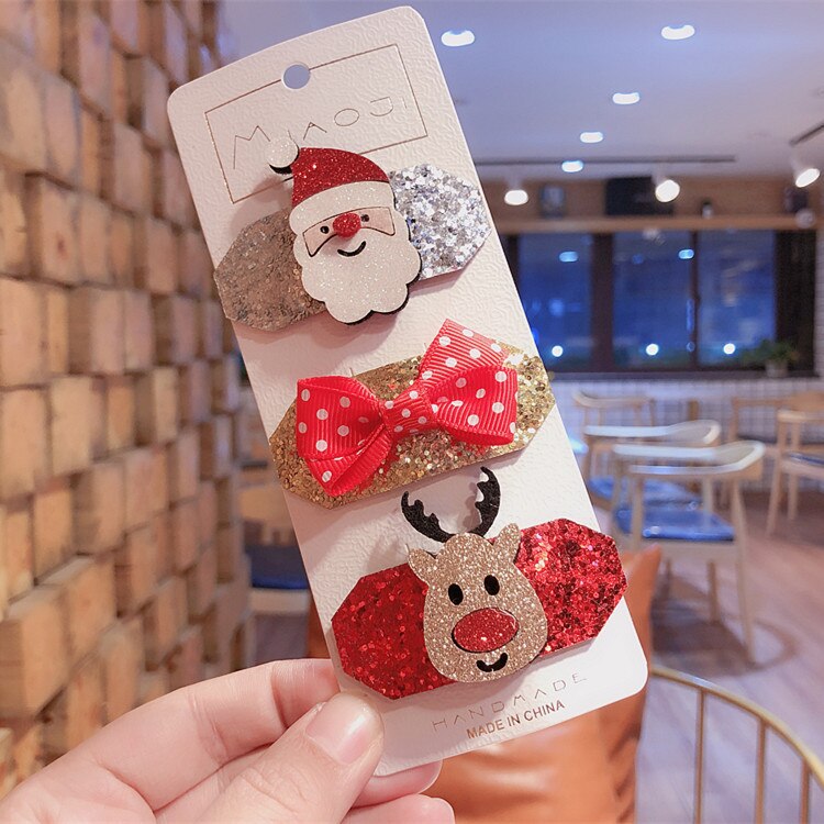 Zuid-koreaanse kerstjaar kinderhaaraccessoires baby bb clip kerstman haarspeldjes meisjes hoofdtooi set: Loterijboog hertenkop 3 stuks met kaart