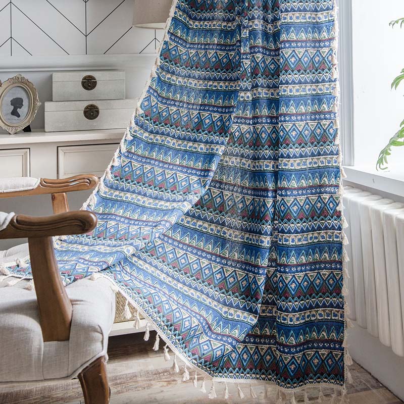 Boho Ethnic Curtains For Living Room Bedroom French Window Bay Window Screen Cotton Linen Tassel Curtain Cortinas para la sala