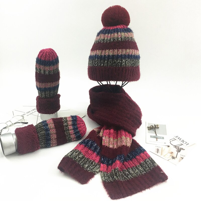 Tørklæde hat og handsker sæt tredelt sæt til kvinder pompon skullies beanies strikning efterår og vinter varm stribet hue: E