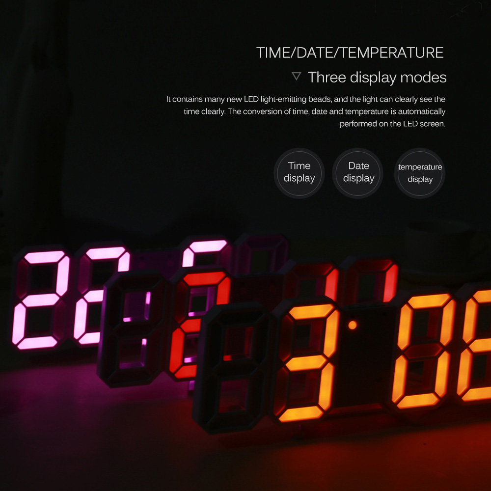 3D LED Wall Clock Modern Digital Alarm Clocks Date Temperature Display Table Desk Night Light Wall Clock for Home Kitchen Office