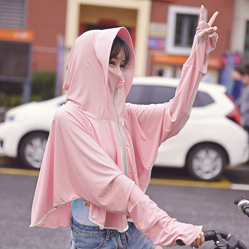 Womens Hooded Sun-protective Coats Anti-UV Tops Short Cycling Riding Jacket Breathable Quick Cool Dry: light Red