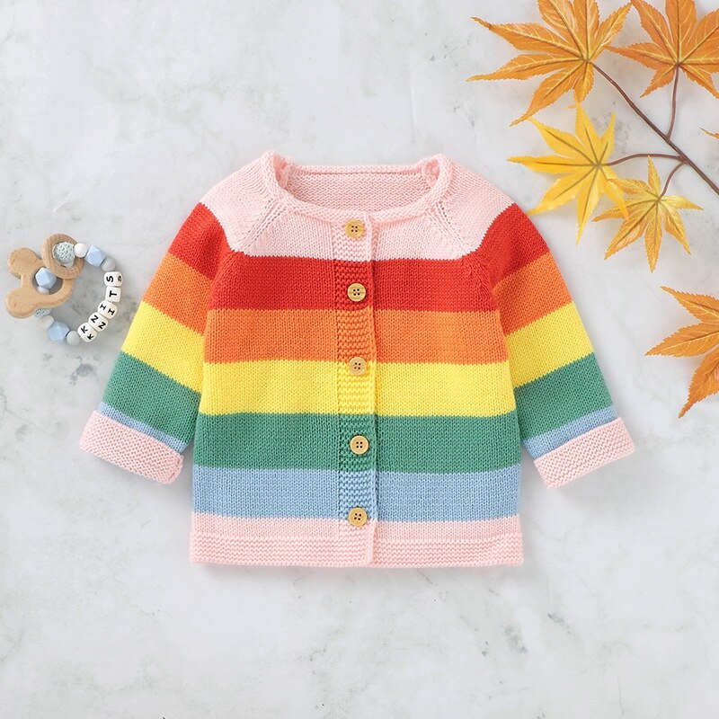 Camisola para o bebê da menina da criança casaco de malha primavera outono crianças cardigan arco-íris listrado impressão manga longa casual outerwear