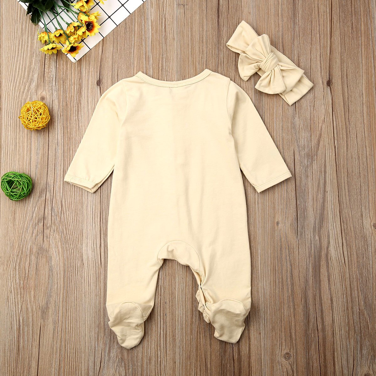 Nyfödda barn bebis flicka fotband bomull mjuk långärmad playsuit jumpsuit pyjamas nattkläder + pannbandskläder 0-12m