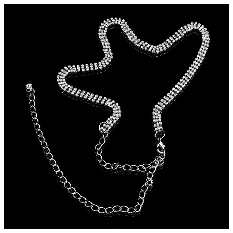 Ladies Women Waist Chain Belt in Silver 3 Row Rhinestones One Size