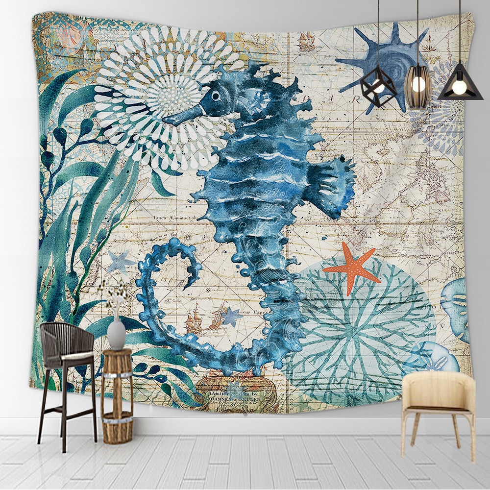 Tortue de mer hippocampe baleine poulpe vie marine océan tenture trippante tapisserie murale décoration faite à la main art chambre salon dortoir