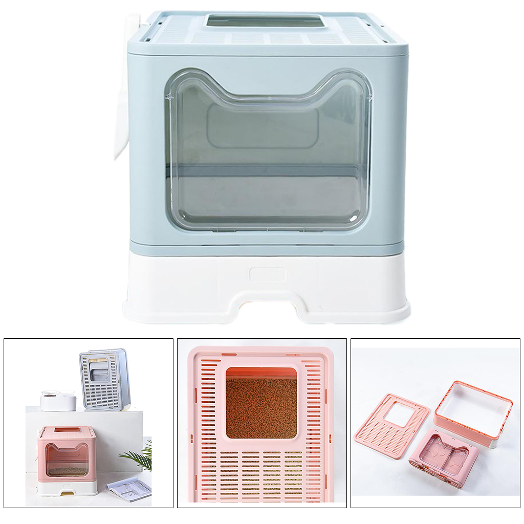 Caja de arena plegable con tapa para gato, inodoro para mascotas, orinal de entrada superior con cuchara, con habitación interior grande