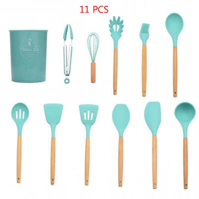 Kitchenware Set Kitchen Utensils Green 11 Piece Set Of Wooden Handle Silicone Nonstick High Temperature Silicone Spatula: Green-15