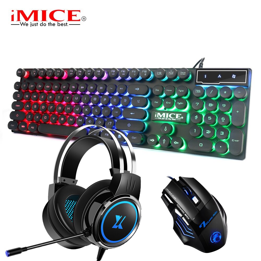 Keyboard Combos Backlit 104 Keys Round Keycaps Wired USB Keyboard with 2400DPI Mice Earphone Microphone with Volume Control