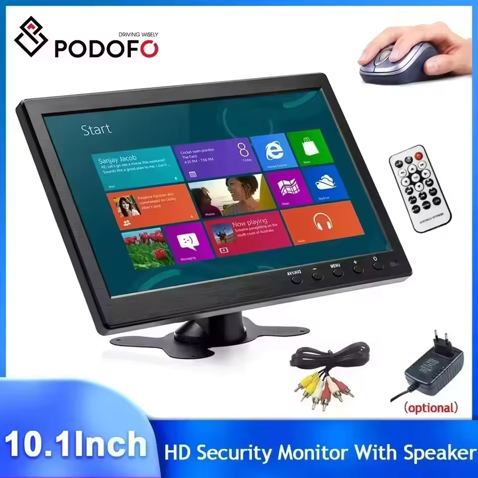 Podofo-Monitor LCD HD portátil de 10,1 pulgadas, Mini TV y pantalla de ordenador, entrada de vídeo de 2 canales, Monitor de seguridad con altavoz, HDMI, VGA,BNC,AVI