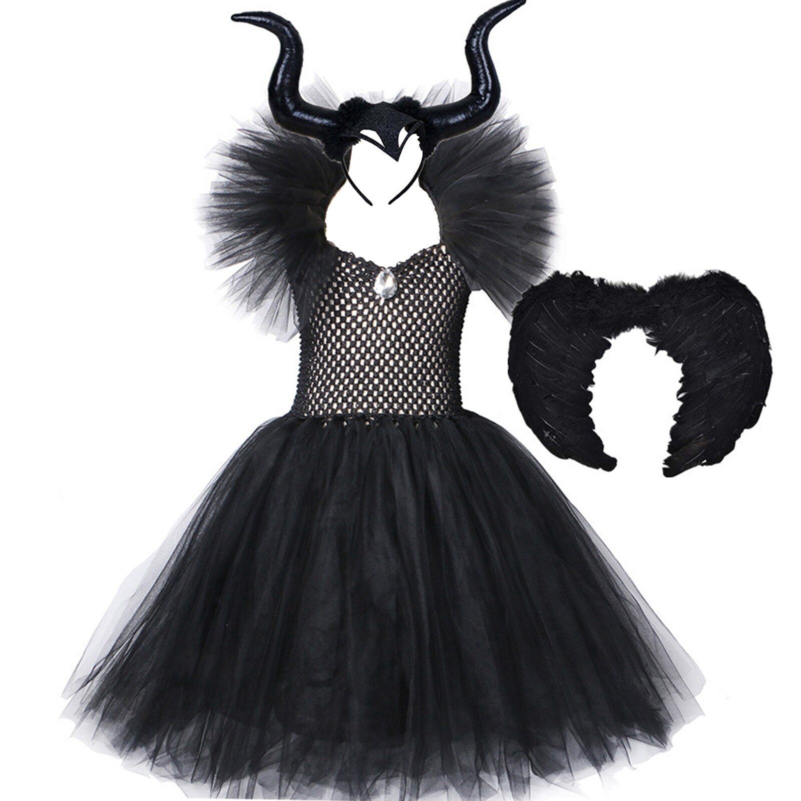 Kids Girls Halloween Costumes Children Princess Tulle Tutu Dress Ankle Length Dresses Devil Carnival Cosplay Outfits Horns Wings: Black / 6