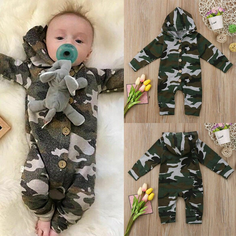 Winter Peuter Kids Baby Jongen Camo Romper Jumpsuit Lange Mouwen Hooded Kleding Outfits 0-24M