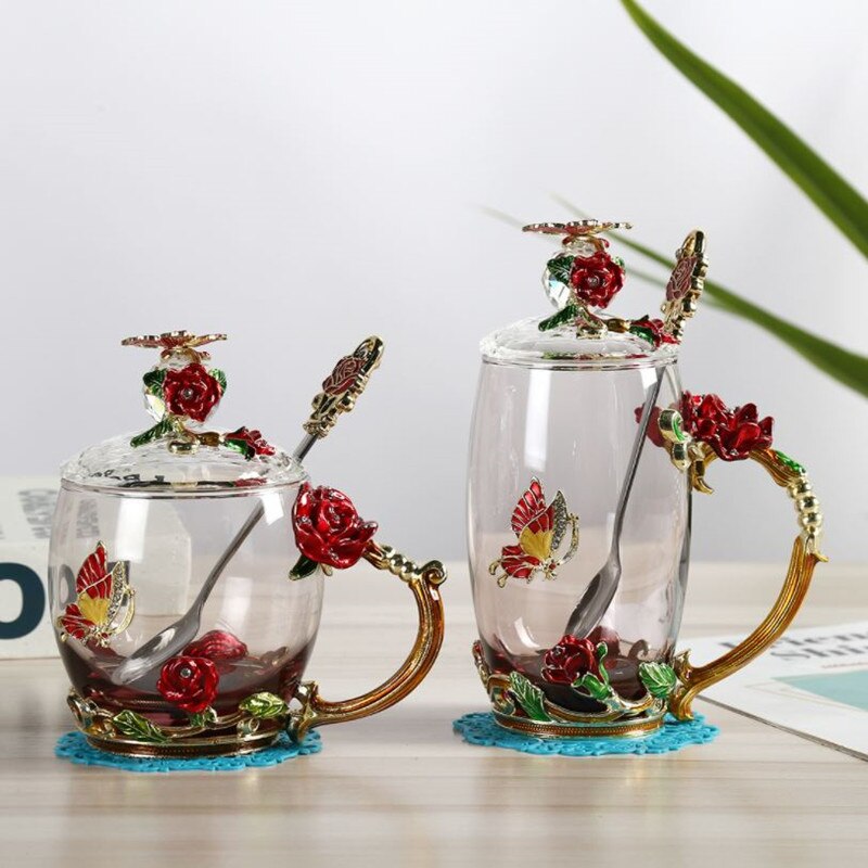 Enamel Glass Cup Tea Water Coffee Cup European Style Crystal Rose Flower Mug With Handle Lid Spoon Drinkware