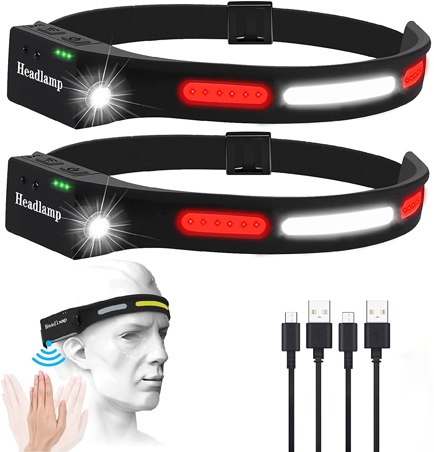COB LED Headlamp USB Rechargeable Headlamp with Red light for Car 5 Models